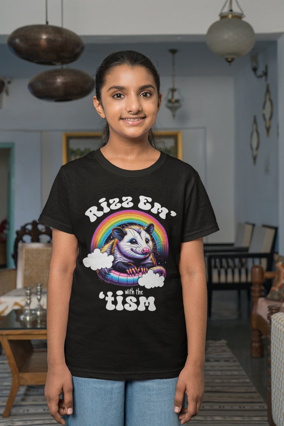 Kids Funny Autism Shirt Rizz Em' With The 'Tism TShirt Opossum Neurodivergent Colorful AuDHD ASD Child's Youth Unisex Tee