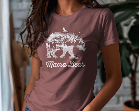 Unisex Mama Bear T Shirt Mom T Shirts Hipster Double Exposure Camping Shirts Mother's Day Gift Bella Canvas Women's T-Shirt Mommy Mamas