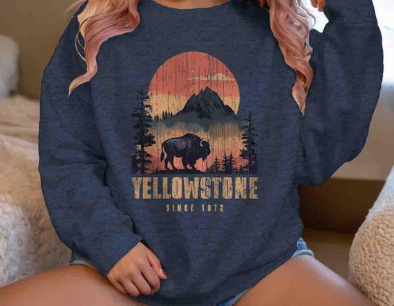 Men's Yellowstone Sweatshirt National Pullover Crewneck Park Buffalo Vacation Hiker Gift Idea Him Travel Tour Tourist Unisex Grunge 1872