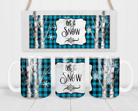 Christmas Coffee Mug Let It Snow Gift Blue Plaid Décor Cup Birch Trees Winter Gift Coffee Mugs Illustrated 15 oz. 20 oz. Large Giant Big