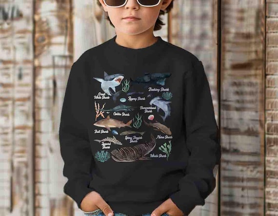 Kids Shark Shirt Watercolor Shark Shirts Types Of Sharks Sweatshirt For Boys Girls Crewneck Illustrated T Shirt Shark Types Kinds Gift Idea