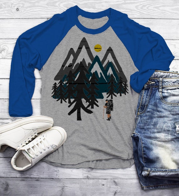 Men's Camping T Shirt Hipster Shirts Mountain Explorer TShirt Camping Tee Hipster TShirt Hiking Shirts 3/4 Sleeve Raglan