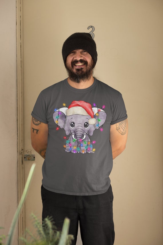 Men's Christmas Shirt Baby Elephant XMas Lights T Shirt Cute Tee Tree Lights Santa Hat Pachyderm Holiday Funny Graphic Tshirt Unisex Man