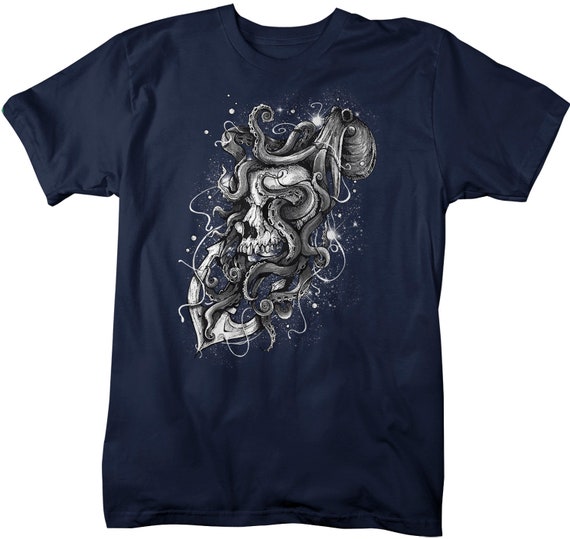 Men's Octopus T Shirt Hand Drawn Vintage Hipster Shirts Skull Tattoo Shirts Anchor Nautical Graphic Tee