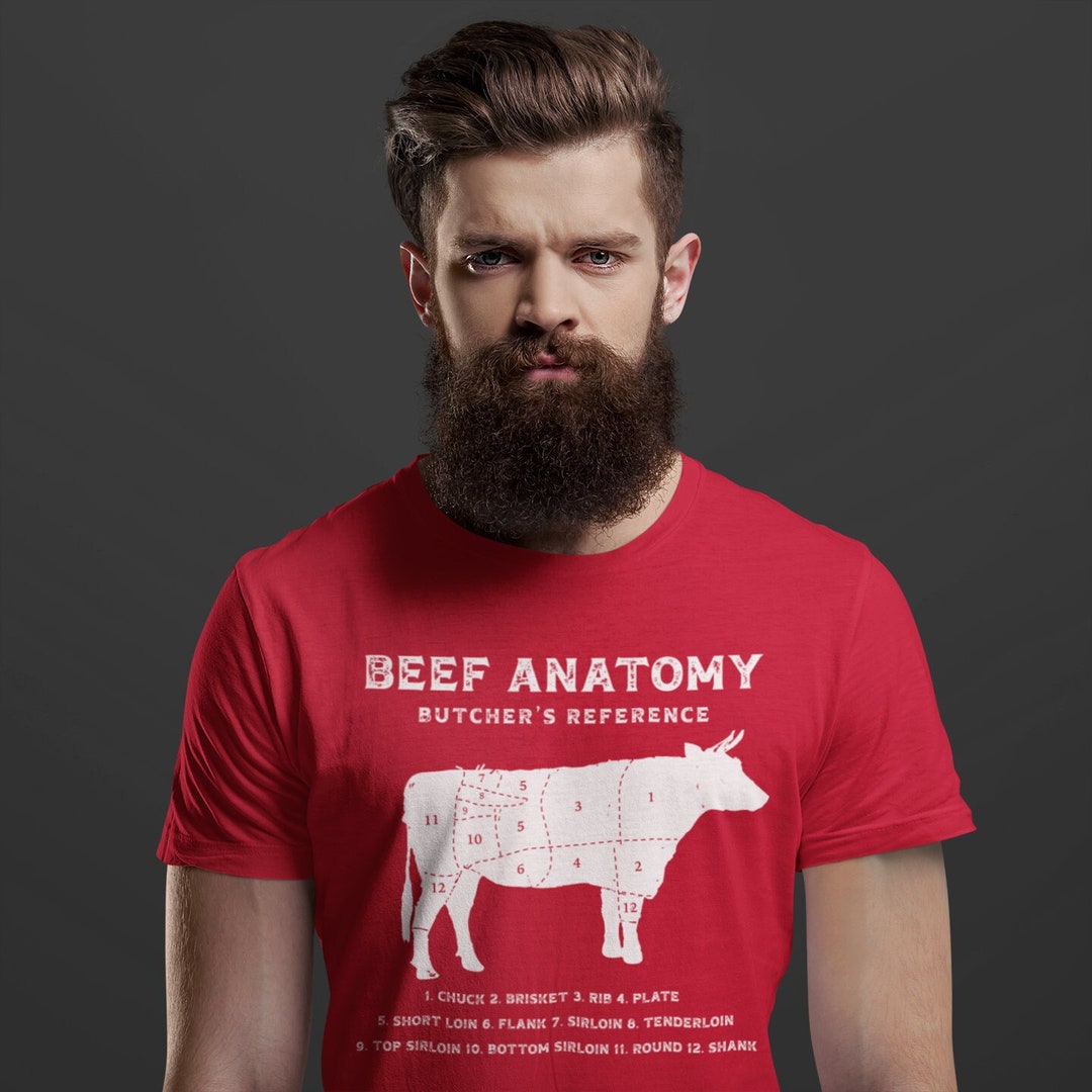 Men's Butcher Shirt Cuts of Beef Meat Anatomy T Shirt Illustrated Cow Farm Tshirts Reference