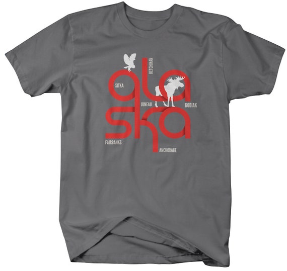 Men's Alaska T-Shirt Typography Moose Shirt Cities Shirt Travel Tee