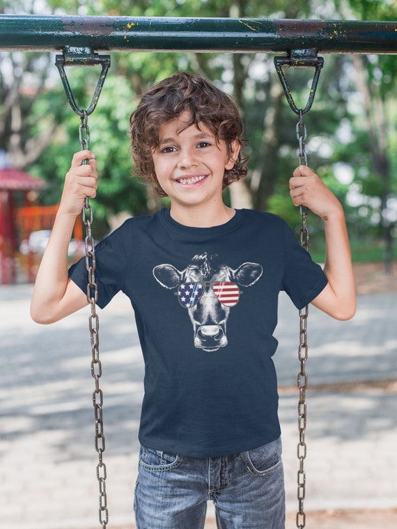 Kids Patriotic Shirt Cow Shirt Heifer TShirt Merica Glasses Flag 4th July Shirt Funny Patriot Farmer Farm Boy's Girl's Youth