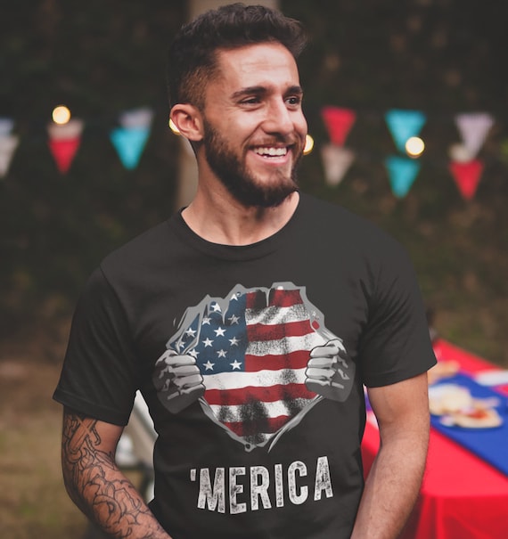 Men's American Flag T-Shirt Superhero 'Merica Flag Patriotic Shirts 4th July T-Shirt United States Shirt Hipster
