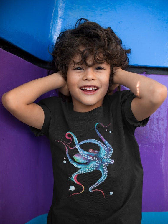 Kids Watercolor Octopus Shirt Illustration Octopus Drawing Graphic Tee Cephalopod Sea Ocean Life T Shirt Unisex Boys Girls