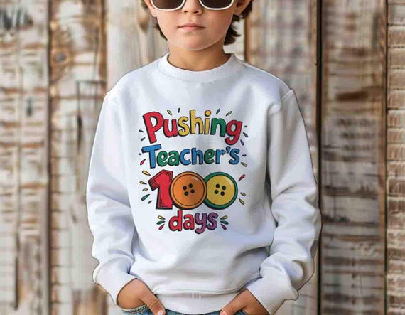 Kids Funny 100 Days Of School Sweatshirt Pushing Buttons Gift Idea Crewneck 100 Days Gift Youth Children Unisex For Girl's & Boy's Tee