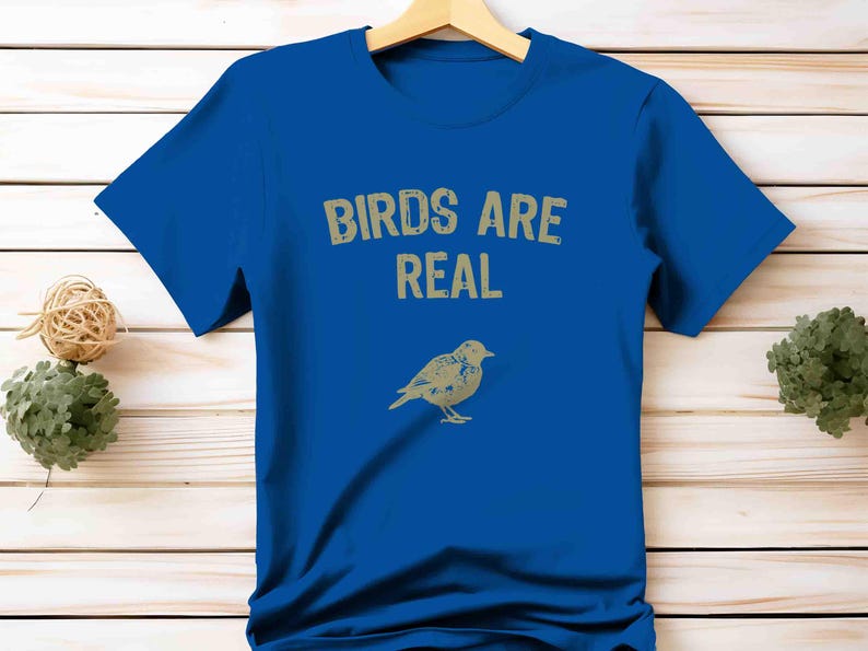 K&ouml;nnte beinhalten: Ein k&ouml;nigsblaues T-Shirt mit dem Text "BIRDS ARE REAL" in einer verblassten, hellbraunen Schrift. Darunter befindet sich eine hellbraune Illustration eines Vogels. Das T-Shirt h&auml;ngt an einem Holzkleiderb&uuml;gel.
