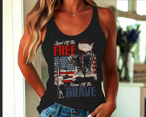 Women's 4th July Tank Top Land Free Home Brave Soldier Boots Tags American Flag Racer Back Tanks Racerback Ladies Razor Back Sleeveless