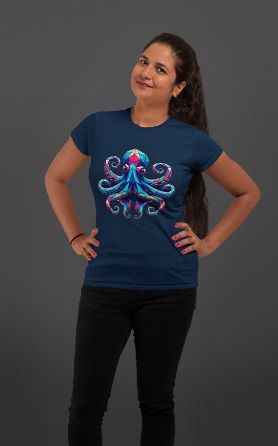 Women's Octopus Shirt Illustrated Vintage Hipster Shirts Octopus Geometric Cool Graphic Gift Idea Ocean Creature Abstract Digital Art Ladies