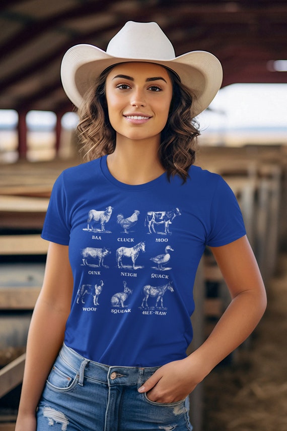 Women's Vintage Farm T-Shirt Animal Sounds Shirt Cow Horse Farmer Gift Idea Chicken Sheep Pig Donkey Farming Agriculture Tee Women's Cut Fit