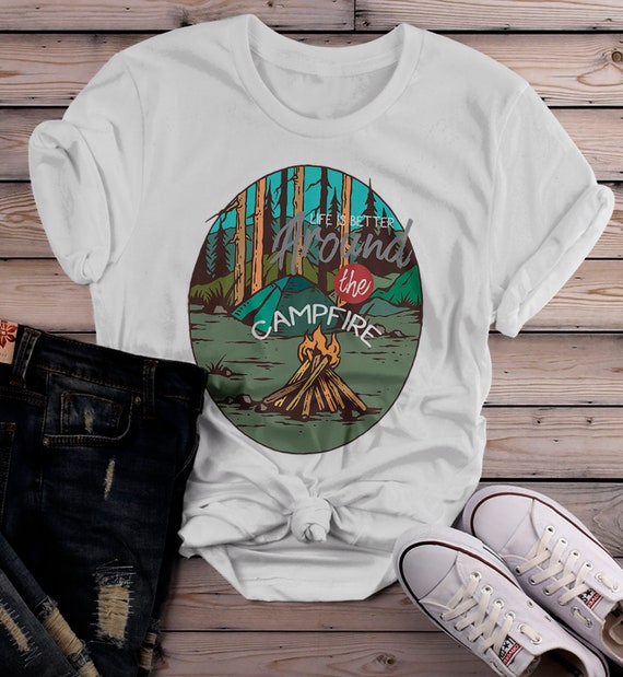 Women's Camping Shirt Life Better Around Campfire Shirts Retro TShirt Hipster Shirts Vintage T Shirt