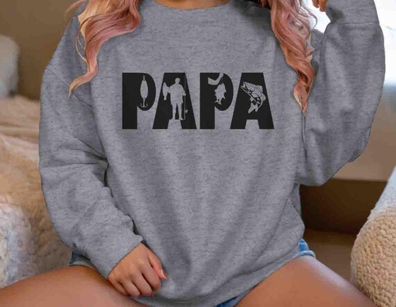 Men's Fishing Papa Sweatshirt Father's Day Gift Fisherman Crewneck Hook Fish Lure Pullover Papa Sport Catch Bass Gift For Him Fisherman Tee