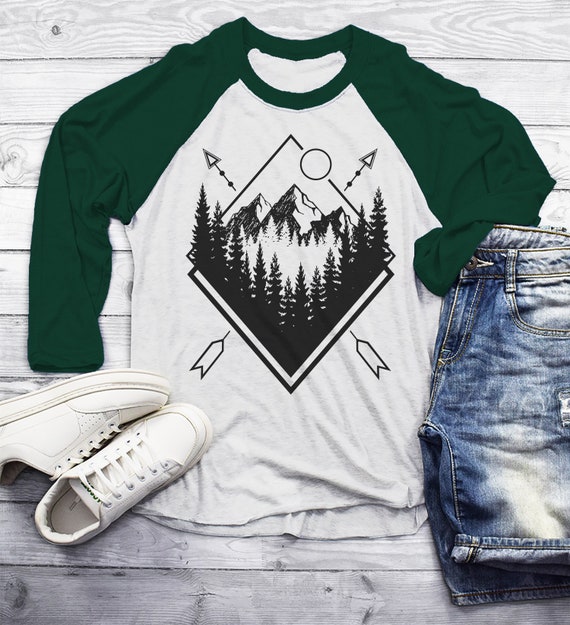 Men's Forest Hipster T-Shirt Nature Shirt Mountains Trees Stars Camping Tees 3/4 Sleeve Raglan