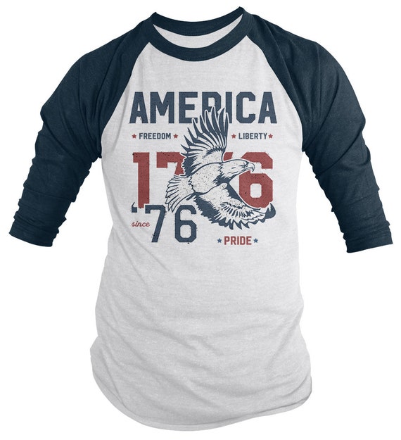 America T-Shirt Patriotic Vintage 1776 Eagle Pride Freedom Liberty 4th July Shirts Men's 3/4 Sleeve Raglan