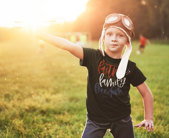 Kids Patriotic Shirt Faith Family Freedom American Flag 4th July Shirt America T-Shirts Memorial Day Shirt Boy's Girl's Youth