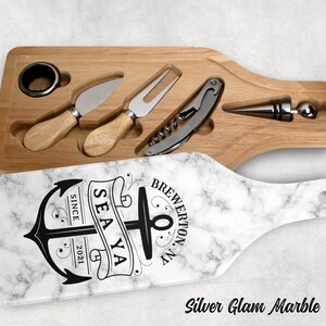 Personalized Wine & Cheese Cutting Board Serving Tray Hostess Gift Yacht Boater Boating Glass Wood Nautical Anchor Set Marble Print