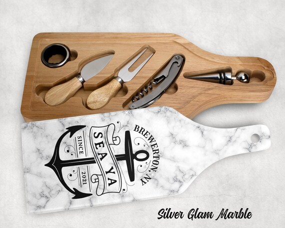 Personalized Wine & Cheese Cutting Board Serving Tray Hostess Gift Yacht Boater Boating Glass Wood Nautical Anchor Set Marble Print