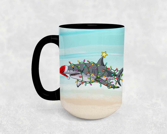 Christmas Coffee Mug Shark Gift Santa Shark Cup Great White Ocean Décor Funny Coffee Mugs Biologist 15 oz. 20 oz. Large Giant Big