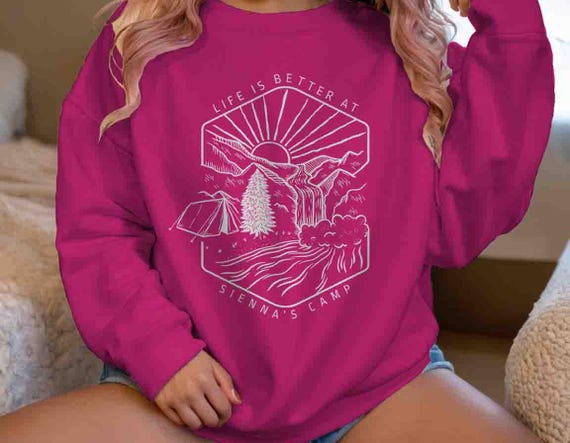 Men's Personalized Tent Sweatshirt Custom Line Art Waterfall Pullover Camp Crewneck Adventure Logo Camper Rustic Cabin Man Unisex Gift Idea
