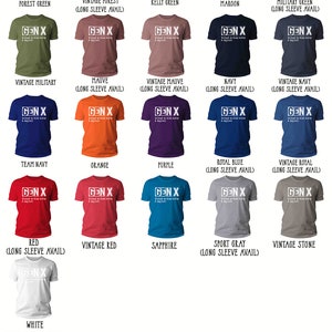 K&ouml;nnte beinhalten: Eine Tabelle mit verschiedenen Farben von T-Shirts mit dem Text "GEN X" auf der Vorderseite. Die Tabelle enth&auml;lt auch Gr&ouml;&szlig;en- und Breitenma&szlig;e f&uuml;r jedes T-Shirt.
