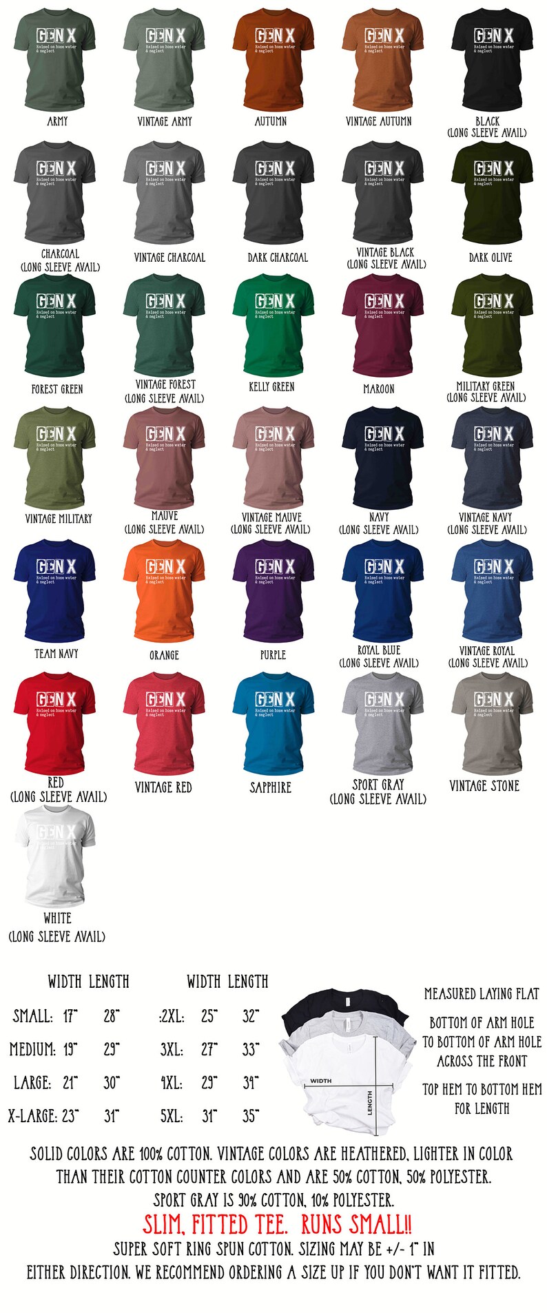 K&ouml;nnte beinhalten: Eine Tabelle mit verschiedenen Farben von T-Shirts mit dem Text "GEN X" auf der Vorderseite. Die Tabelle enth&auml;lt auch Gr&ouml;&szlig;en- und Breitenma&szlig;e f&uuml;r jedes T-Shirt.