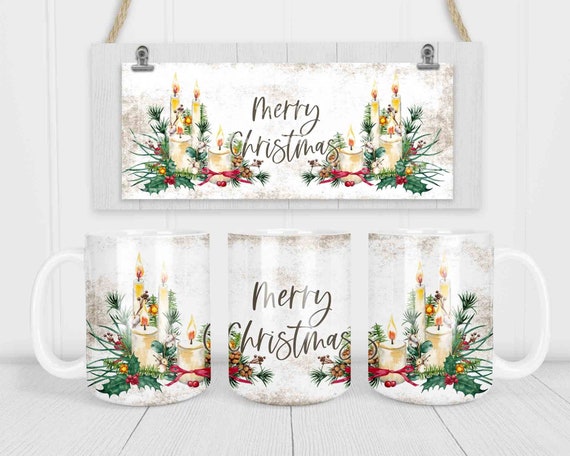 Merry Christmas Coffee Mug Rustic Candle Gift Winter Décor Cup Flower Pretty Gift Coffee Mugs Illustrated 15 oz. 20 oz. Large Huge