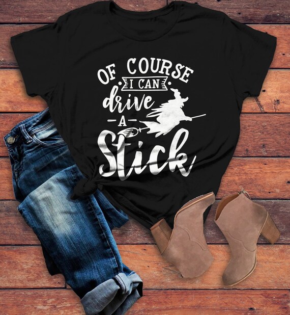 Women's Funny Witch T Shirt Drive A Stick Halloween Shirts Broom Hat Witches Graphic Tee