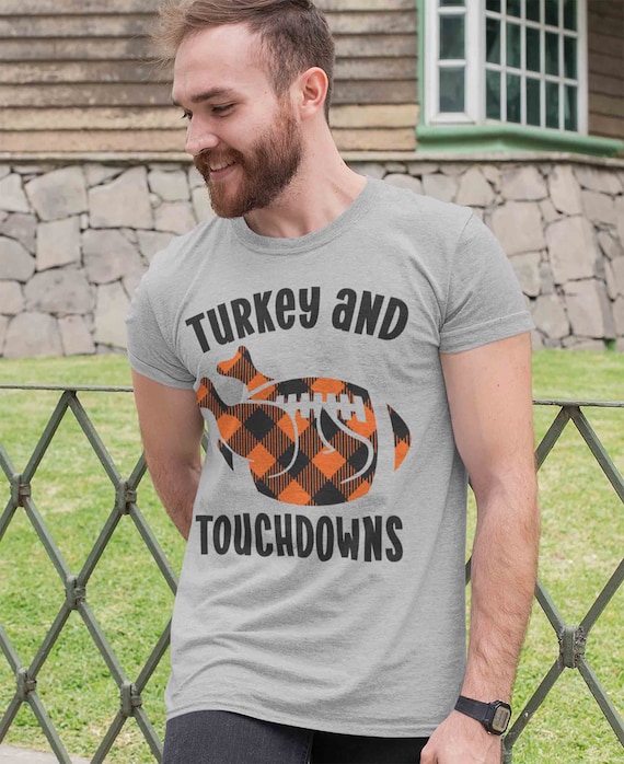 Men's Thanksgiving T Shirt Turkey & Touchdowns Shirt Turkey Shirts Buffalo Plaid Football T Shirt Thanksgiving Shirts Funny Tee