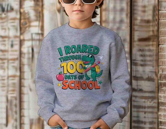 Kids Cute 100 Days Of School Sweatshirt Dinosaur Roaring Gift Idea Crewneck For Boy's 100 Days Gift Youth Children Unisex For Boys Tee