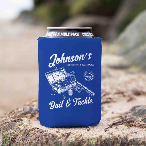 Personalized Fishing Cozie Custom Fisherman Gift Vintage Tackle Box Can Cooler Personalized Logo Badge Rustic Gift Idea Foam Soda Beer