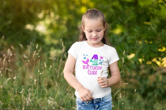 Girl's 4th Birthday T Shirt Mermaid Birthday T-Shirt Gift Ocean Sea Theme Tail Four 4  Shirt Gift Idea Childs Youth Tee