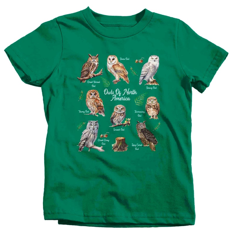 May include: Green t-shirt with a graphic of different types of owls from North America. The owls are illustrated in a realistic style with their names listed below each one. The text "Owls of North America" is printed in white on the shirt.