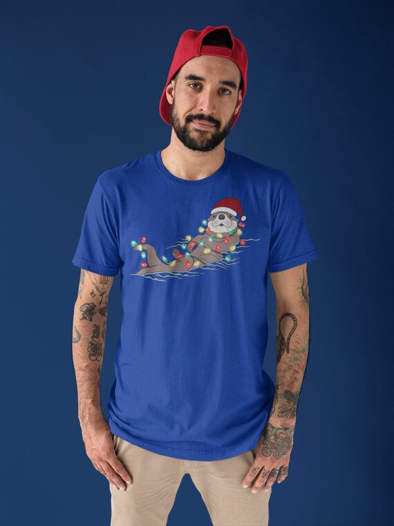 Men's Christmas Shirt Otter XMas Lights T Shirt Cute Tee Tree Lights Santa Hat Sea Otter Holiday Funny Graphic Tshirt Unisex Man