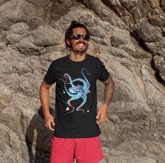 Men's Watercolor Octopus Shirt Illustration Octopus Drawing Graphic Tee Cephalopod Sea Ocean Life T Shirt Unisex Man