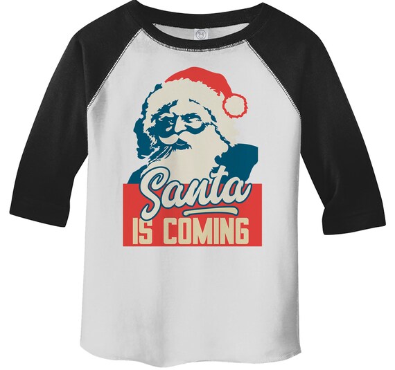 Kids Santa T Shirt Santa Is Coming Christmas Shirts Graphic Xmas Tee Toddler Boy's Girl's 3/4 Sleeve Raglan