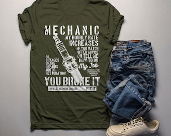 Men's Funny Mechanic T Shirt Hourly Rate Shirts Spark Plug Tee Mechanics Gift Idea