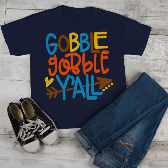 Kids Thanksgiving T Shirt Gobble Gobble Y'all Tee Colorful Turkey Day Shirts Toddler Boy's Girl's