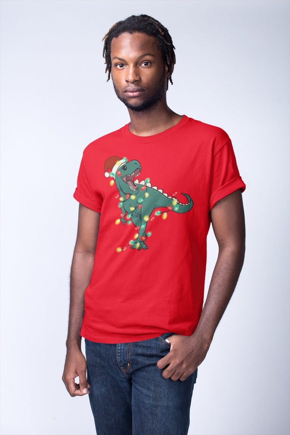 Men's Christmas Shirt T-Rex XMas Lights T Shirt Tyrannosaurus Tee Tree Lights Santa Hat Dinosaur Holiday Funny Graphic Tshirt Unisex Man