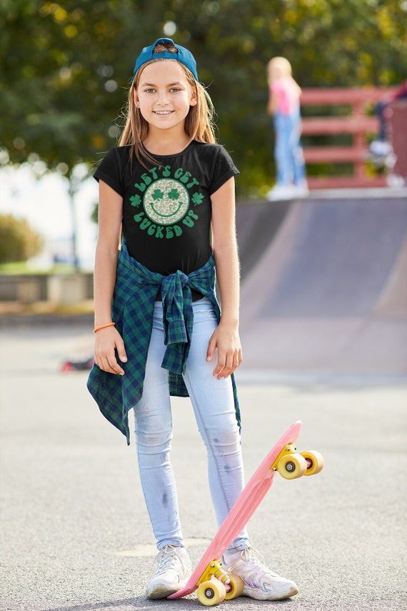 Kids Funny St. Patrick's Day Shirt Let's Get Lucked Up Clover Lucky Patty's Irish Retro Smiley Face Luck Ireland Unisex Boys Girls