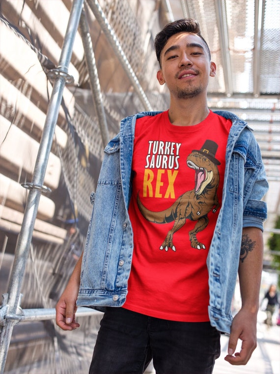 Men's Funny Thanksgiving Tee Turkey Saurus Rex Shirts Turkey Day Pilgrim Hat TShirt Holiday Dinosaur T Rex Unisex Soft Graphic Shirt