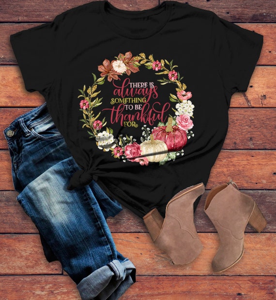 Women's Always Thankful T Shirt Fall Wreath Shirts Thanksgiving Graphic Tee Watercolor Pumpkin