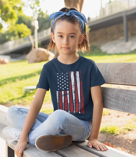 Kids Boy's Girl's Baseball Flag T Shirt Patriotic Baseball Shirt American Flag Shirt Baseball Gift Idea
