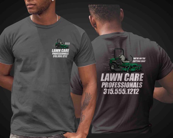 Men's Custom Lawncare TShirt Personalized Lawn Mowing Shirt Landscape Tee Landscaper TShirt T-Shirt Mows Lawns Company Name Business Shirts