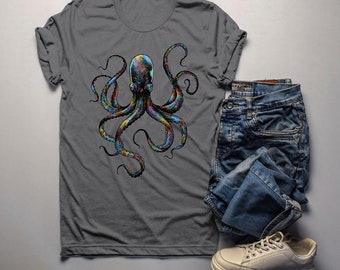 Men's Octopus T Shirt Hand Drawn Vintage Hipster Shirts Octopus Geometric Graphic Tee