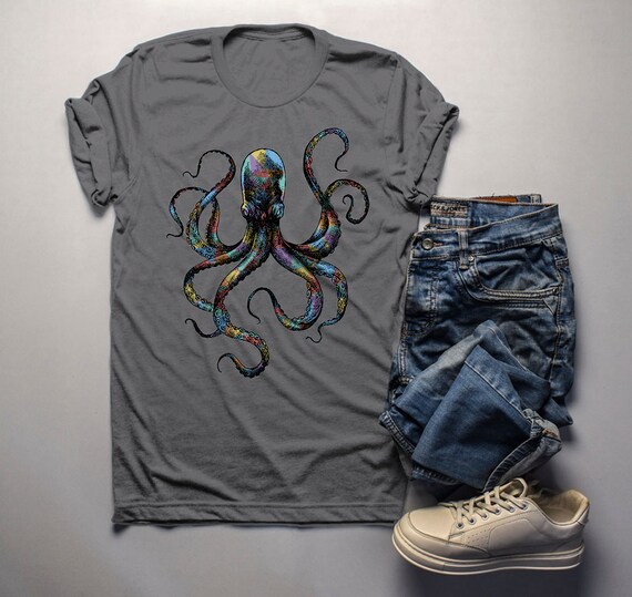 Men's Octopus T Shirt Hand Drawn Vintage Hipster Shirts Octopus Geometric Graphic Tee