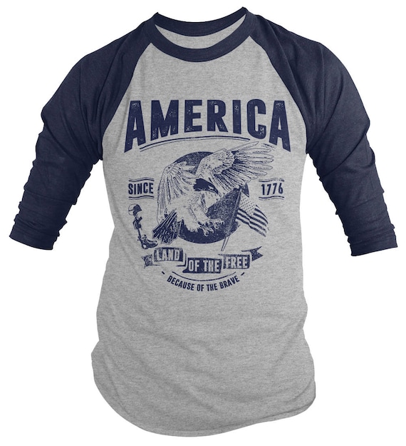 Shirts By Sarah Men's Patriotic Home Of Free Because Of Brave 3/4 Sleeve Raglan